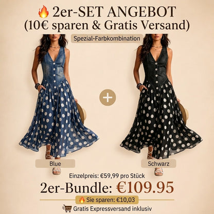 Retro-Maxikleid „Sienna“: Elegantes Denim-Optik Kleid mit Polka-Dot-Chiffonrock & Knopfleiste