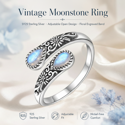 🔥 BUT 2 GET 10% 🔥 Moonstone Bloom Ring | Vintage Style • Adjustable Fit • Timeless Elegance