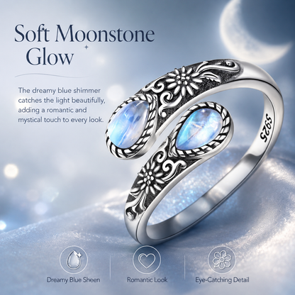 🔥 BUT 2 GET 10% 🔥 Moonstone Bloom Ring | Vintage Style • Adjustable Fit • Timeless Elegance