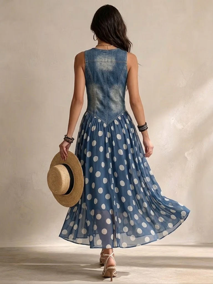 Retro-Maxikleid „Sienna“: Elegantes Denim-Optik Kleid mit Polka-Dot-Chiffonrock & Knopfleiste